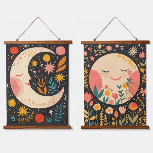 Lieve Maan Boho Bloem Illustratie Hangend Wandkleed (Dubbel)