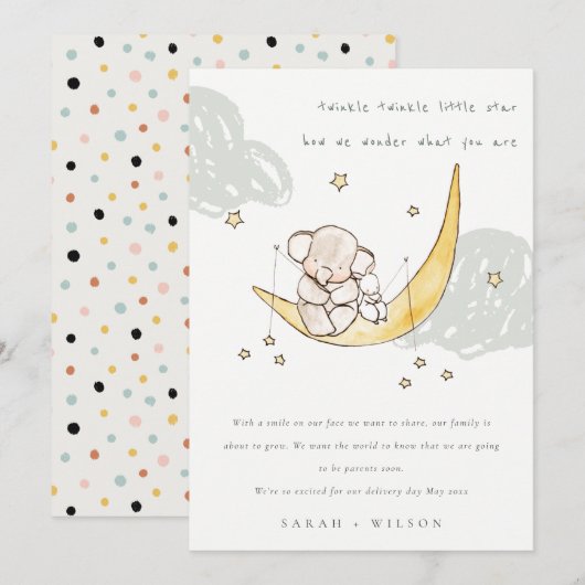 Lieve Maan Sterren Olifant Konijn Baby Aankondigin Bedankkaart (Voorkant / Achterkant)