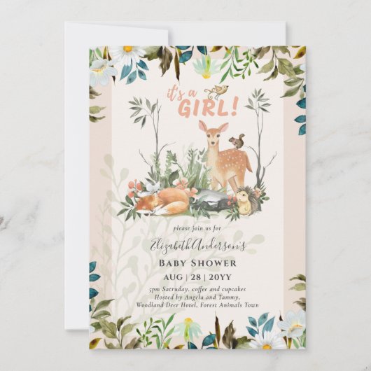 Lieve MEISJES Bos Herten Baby Shower Koraal Kleur  Kaart (Voorkant)