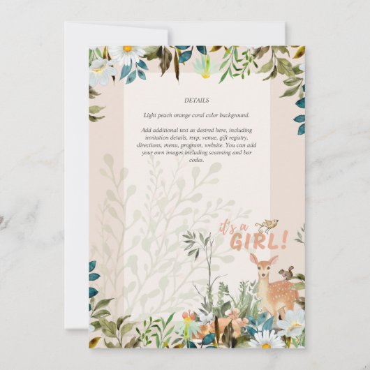 Lieve MEISJES Bos Herten Baby Shower Koraal Kleur  Kaart (Achterkant)