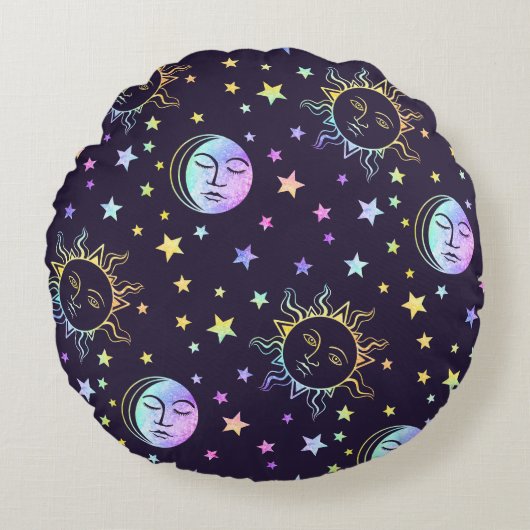 Lieve Meisjesachtige Sterren Zon En Maan Prachtige Rond Kussen (Voorkant)