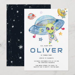 Lieve moderne ruimte-alien UFO-verjaardagsfeestje Kaart