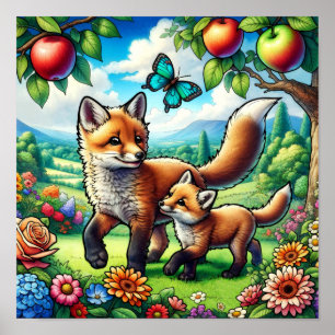 Lieve moeder en baby vos in een kleurrijke bloemen poster