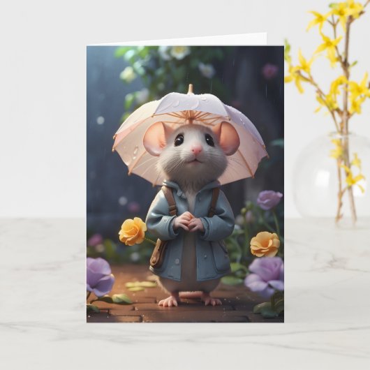 Lieve Muis Paarse Bloemen Illustratie Leeg Kaart (Gele Bloem)