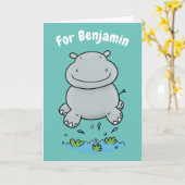 Lieve nijlpaard springende cartoon verjaardag kaart (Gele Bloem)