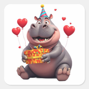 Lieve Nijlpaard Verjaardagsfeest Met Cadeau 🎁 Vierkante Sticker