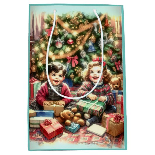 Lieve nostalgische kinderen met kerst van en naar medium cadeauzakje (Voorkant)
