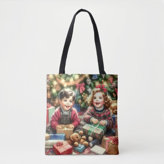 Lieve nostalgische kinderen met kerst van en naar tote bag (Voorkant)