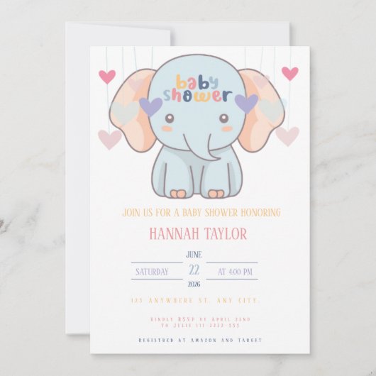 Lieve Olifant Baby Shower Uitnodiging (Voorkant)