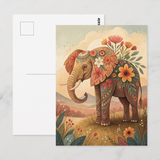 Lieve olifant felicitaties volkskunst stijl briefkaart (Voorkant / Achterkant)