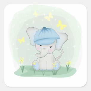 Lieve olifant in een bloemenweide. vierkante sticker