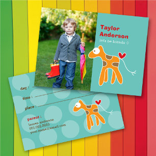Lieve Oranje Giraf Op Turquoise Foto Kind Speelafs Contactkaartje