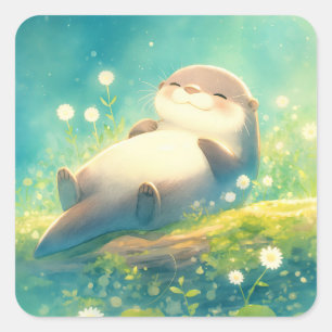 Lieve Otter in Waterverf Stijl Liggend op een Stam Vierkante Sticker