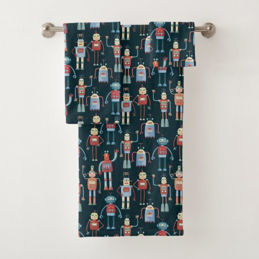 Lieve Oude Retro Robots Donker Bad Handdoek (Insitu)