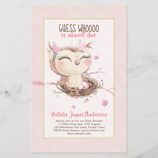 Lieve OWL Baby Shower Uitnodiging voor Meisjes of  Flyer (Voorkant)