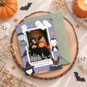 Lieve Paarse Griezelige Personages Halloween-foto Feestdagenkaart