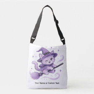 Lieve Paarse Heksenkat op Bezemsteel Halloween Crossbody Tas