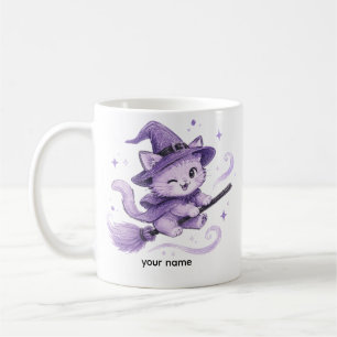 Lieve Paarse Heksenkat op Bezemsteel Halloween Koffiemok