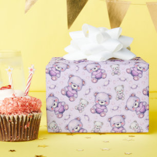 Lieve Paarse Liefdesbeer en Hartjes Naadloos Patro Cadeaupapier