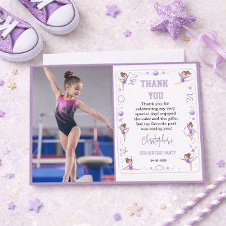 Lieve paarse ritmische gymnastiek verjaardagsfeest bedankkaart