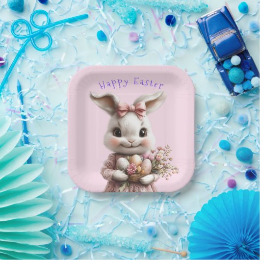 Lieve Pasen Konijn Roze Strik Kleurrijke Eieren Papieren Bordje (Feest)