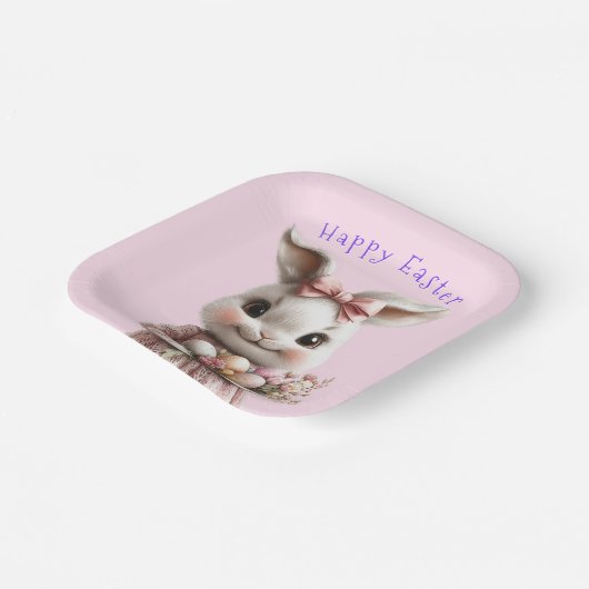 Lieve Pasen Konijn Roze Strik Kleurrijke Eieren Papieren Bordje (Gebogen)