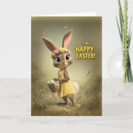 Lieve Pasenkonijn met Mandje en Bloem Kaart