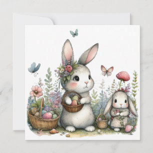 Lieve Pasenkonijnen met Eieren Fantasievolle Lente Kaart
