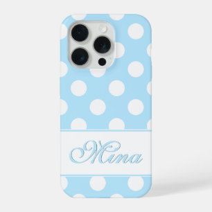 Lieve pastelblauw, grote polka stippen, aangepaste iPhone 15 pro case