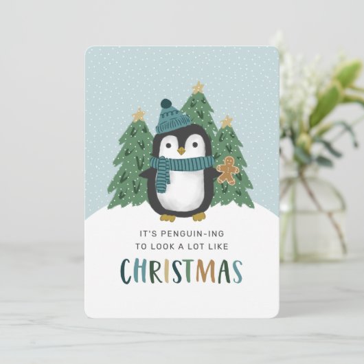 Lieve Pinguïn Grappige Pinguïn Kerstmis Feestdagenkaart (Staand voorkant)