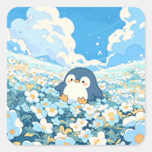Lieve Pinguïn in Blauw Bloemenveld Vierkante Sticker