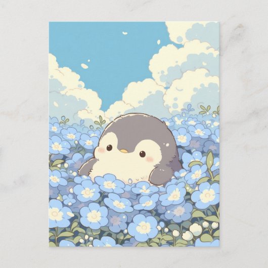 Lieve Pinguïn in Blauwe Bloemenweide Briefkaart (Voorkant)