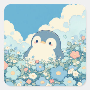 Lieve Pinguïn in Blauwe Bloemenweide Vierkante Sticker