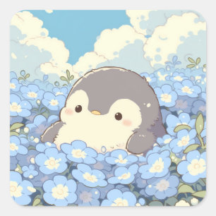 Lieve Pinguïn in Blauwe Bloemenweide Vierkante Sticker
