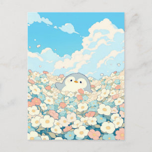 Lieve Pinguïn in Kleurrijke Bloemenweide Briefkaart