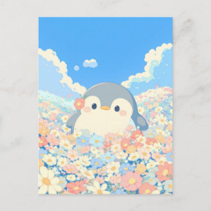 Lieve Pinguïn in Kleurrijke Lenteweide Briefkaart