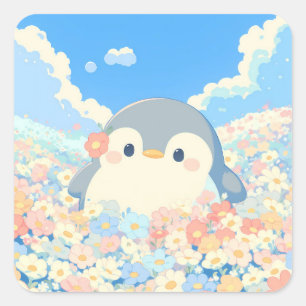 Lieve Pinguïn in Kleurrijke Lenteweide Vierkante Sticker