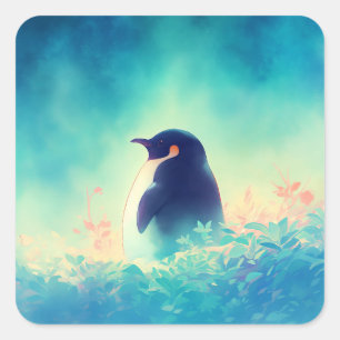 Lieve pinguïn staand in turquoise gras vierkante sticker