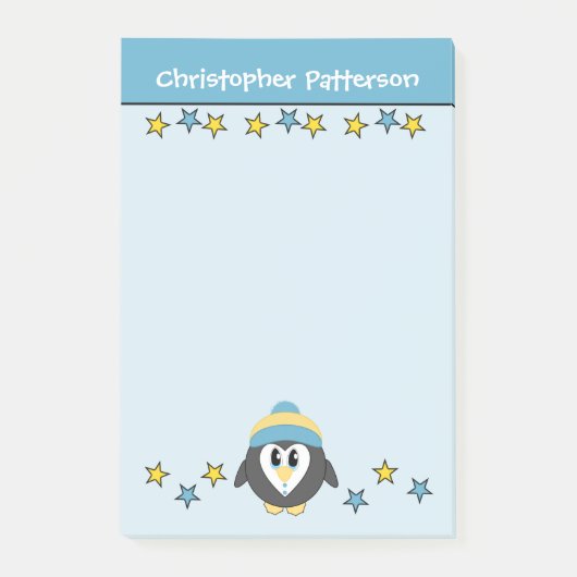 Lieve pinguïn ster naam kinderen blauw geel post-it® notes (Voorkant)