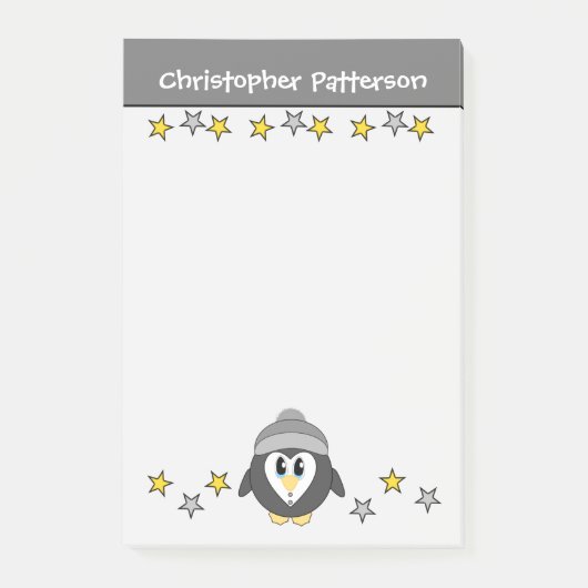 Lieve pinguïn ster naam kinderen grijs geel post-it® notes (Voorkant)