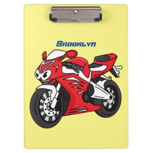 Lieve rode sportmotor stripfiguur klembord