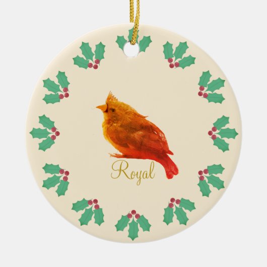 Lieve rode vogel & hulstbessen keramisch ornament (Voorkant)