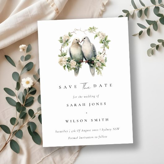 Lieve romantische liefdesvogels botanische krans b save the date