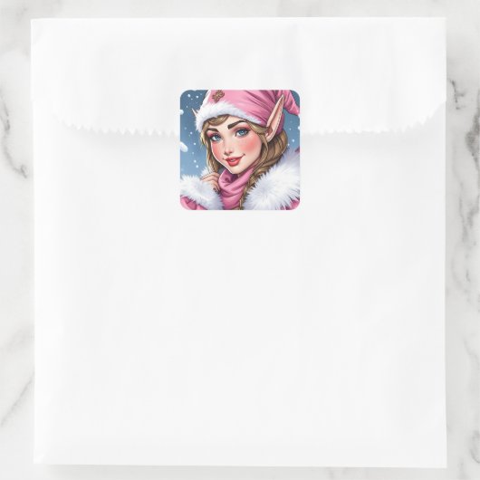 Lieve Roze Elf Kerstmis Vierkante Sticker (Tas)