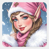 Lieve Roze Elf Kerstmis Vierkante Sticker (Voorkant)