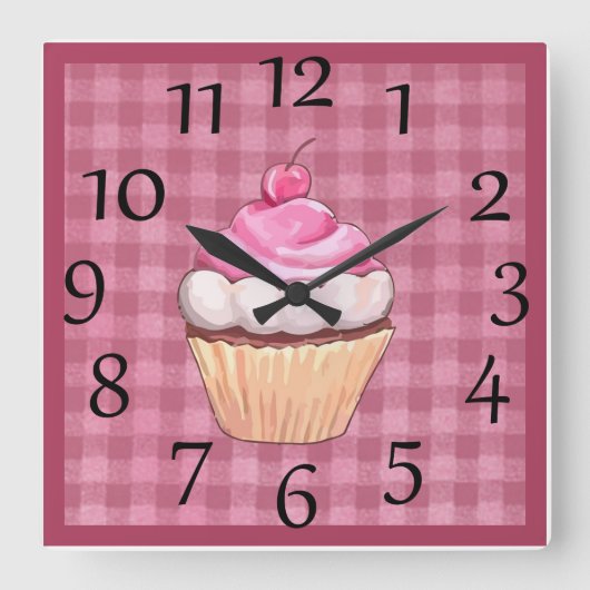 Lieve Roze Gingham Cupcake Wandklok (Voorkant)