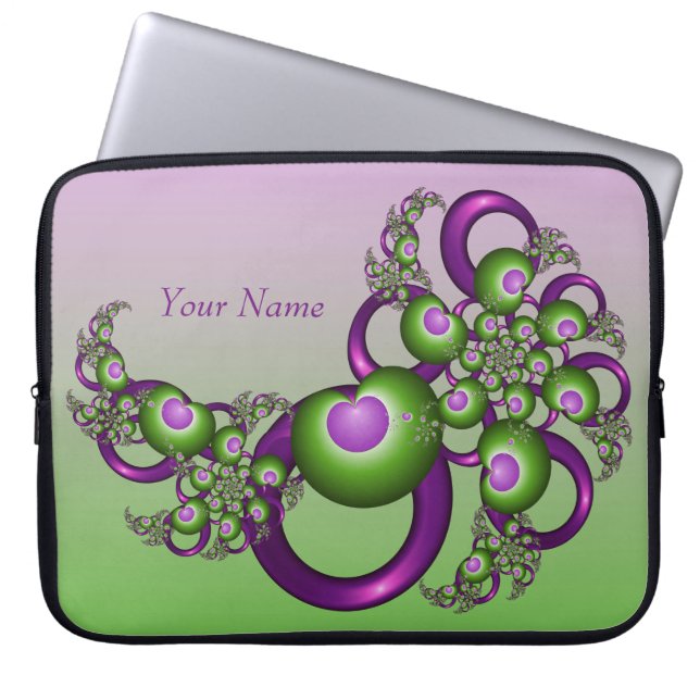 Lieve Roze Groene Harten Abstracte Fractal Naam Laptop Sleeve (Voorkant)