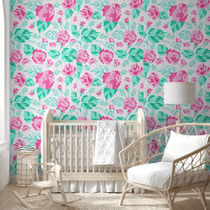 Lieve Roze Roos Bloem Gouden Strik Baby Borrel Behang