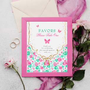 Lieve Roze Roos Bloem Gouden Strik Baby Borrel Poster