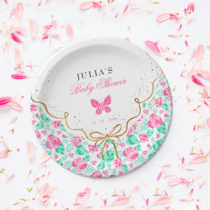 Lieve Roze Roos Bloem Gouden Strik Babyshower Papieren Bordje